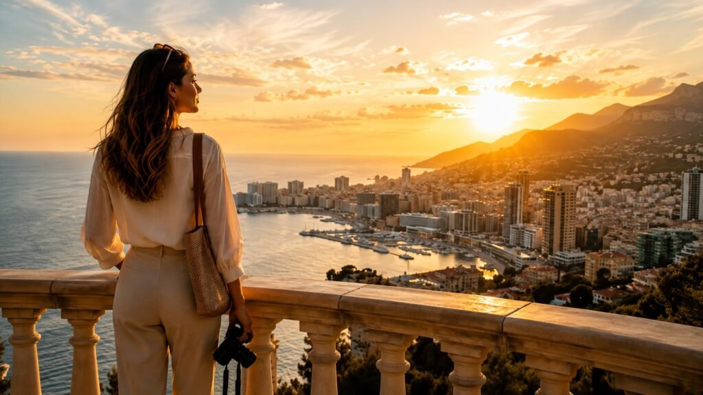 Woman enjoying solo female travel with a private luxury travel view of a coastal city at sunset