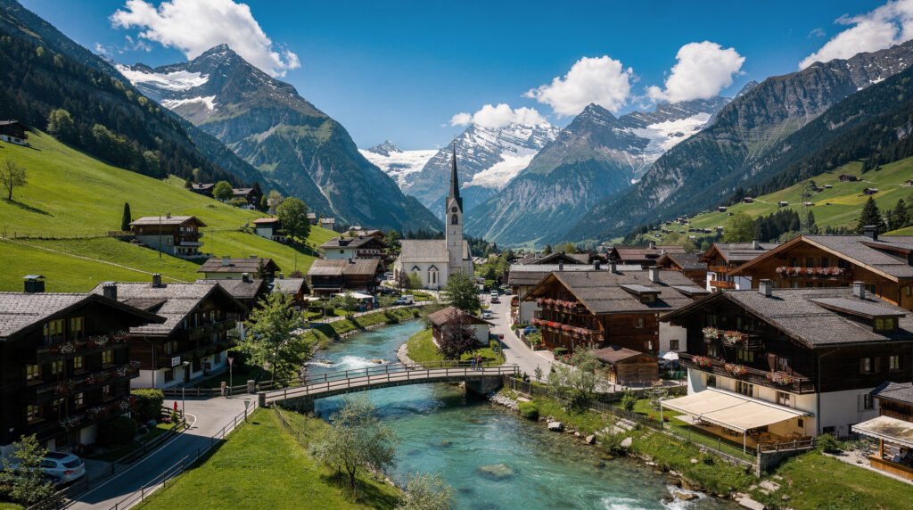 Swiss alpine village beside a river with snow-capped mountains
