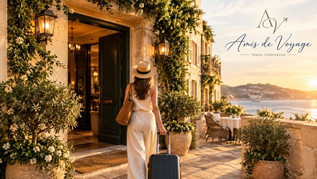 Woman arriving with luggage at a unique boutique accommodation entrance at golden hour